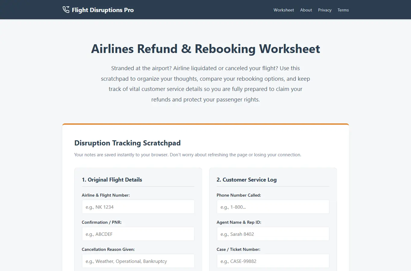 Screenshot of Airlines Refund & Rebooking Worksheet interface showing the project page in use